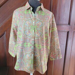 Lands End Womens Paisley Button-Up Shirt Size 16 Cotton Blend